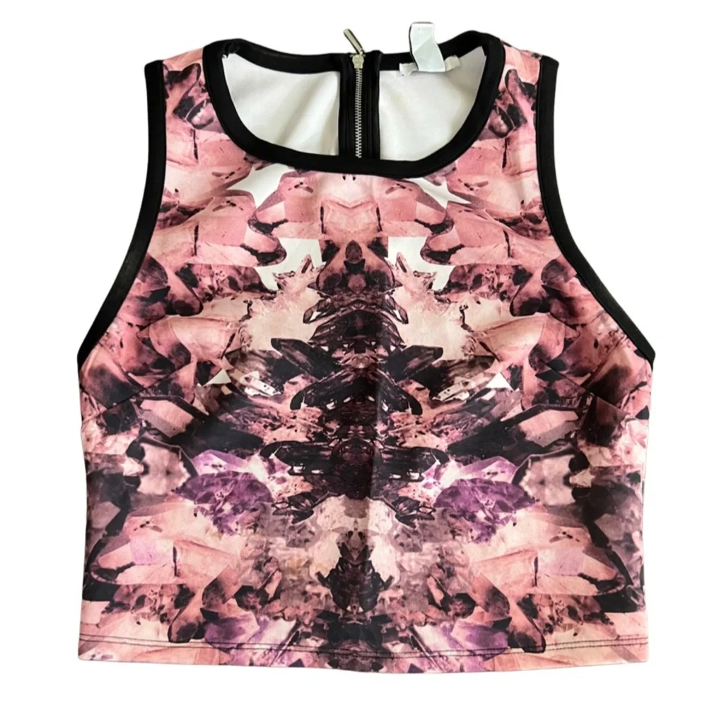 Bar III Shirt Tribal Pink Black White Crystals Midriff Cropped Top Club M Zip Up - Picture 2 of 8